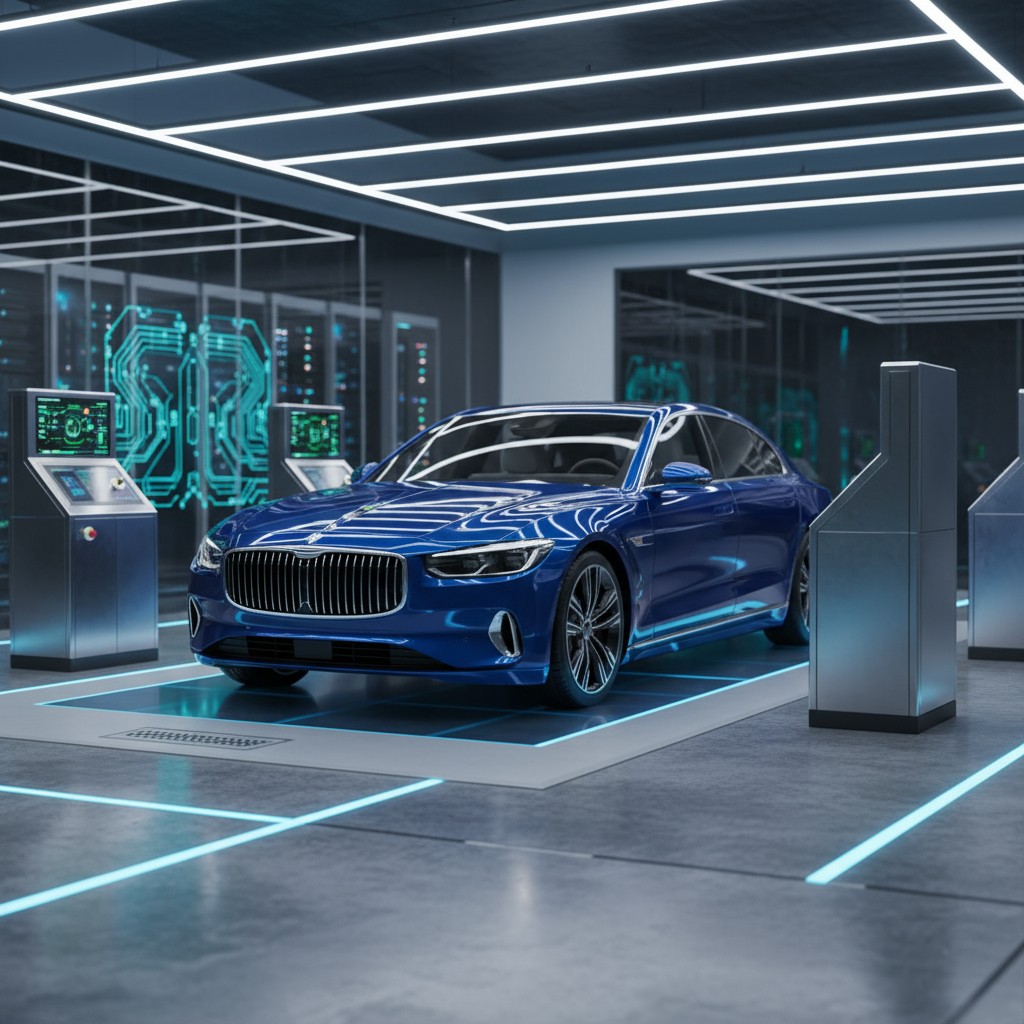 Car interior with advanced tech equipment, including displays on screens, with fluorescent lighting.